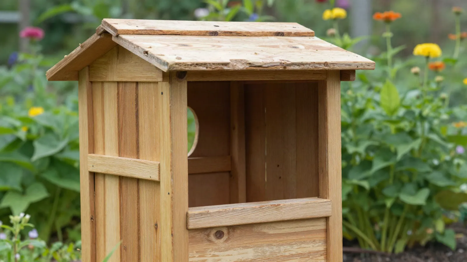 Petit abri à insectes en bois dans un jardin