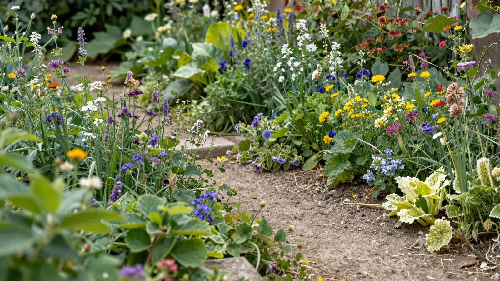 Jardin diversifié avec fleurs et végétation spontanée