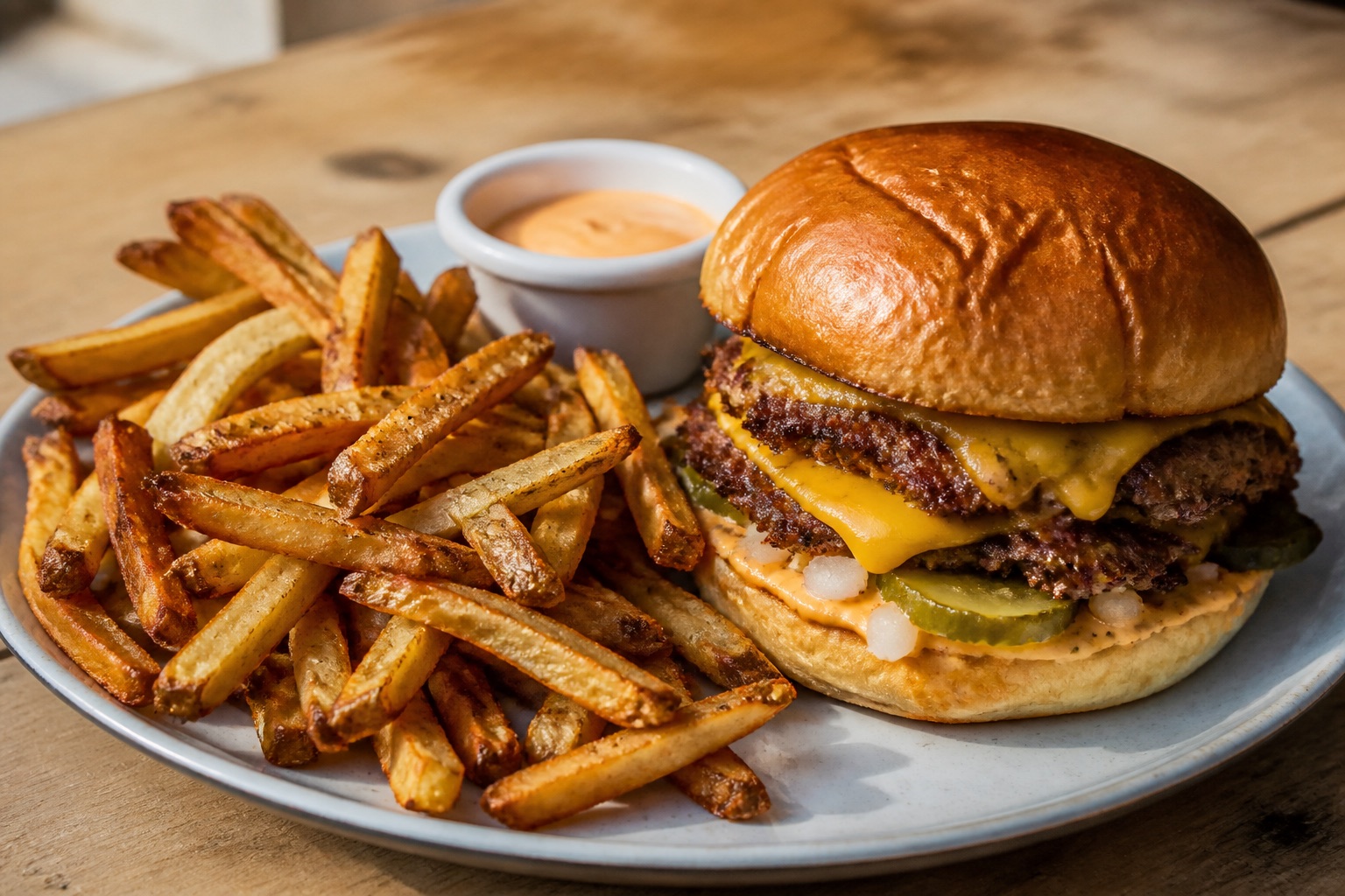 Smash burger servi avec des frites maison dorées